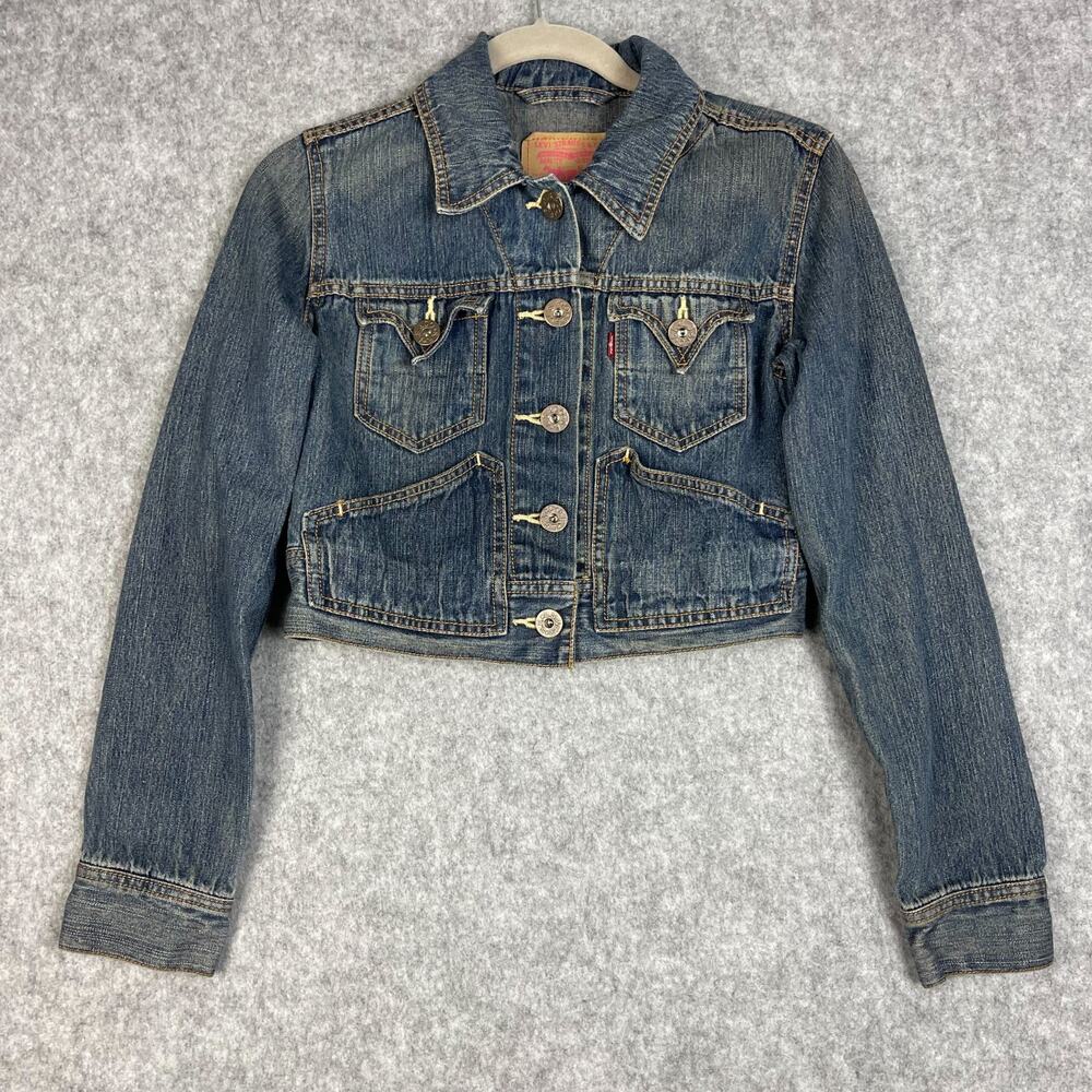Vintage Levis Denim‎ Jean Jacket Womens Medium Blue Cropped Western Rodeo Y2K